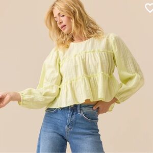 NWT- Altar'd State Light Yellow Ruffled Peasant babydoll bell sleeve Top